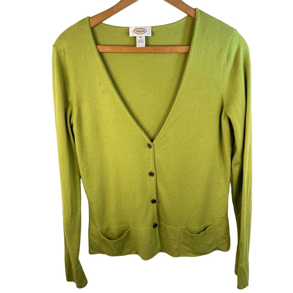 Green Talbots Button Front Cardigan Sweater M Long Sleeve Work Goblin Career